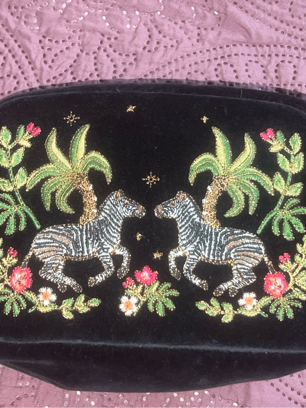 Embroidered Black Velvet Zebra Cosmetic case with Tropical Motif